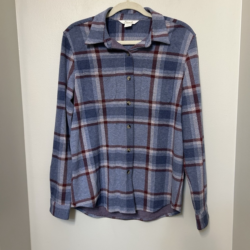 Natural Reflections Flannel Sweater Shirt Blue Plaid Button Down S Super Soft